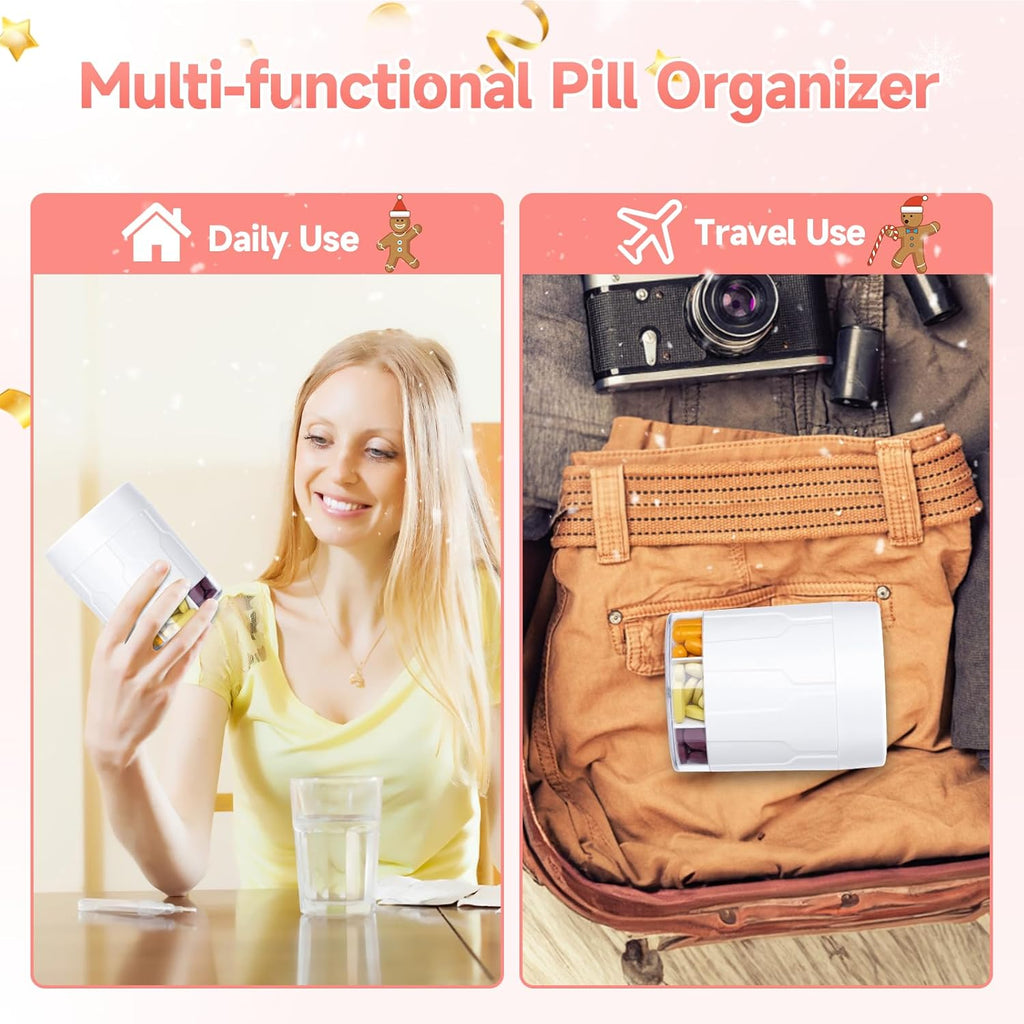 Daviky Pill Bottle Organizer, Supplement Organizer with 7 Large Compartments, Travel Pill Dispenser Round Pill Box with Two Lids（Pink