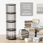 4 Tier Rotating Bookshelf, Small Corner Bookshelf for Small Space, 360 Display Floor Standing Bookcase, Lazy Susan Plastic Narrow Book Organizer for Bedroom, Living Room, Round, Black