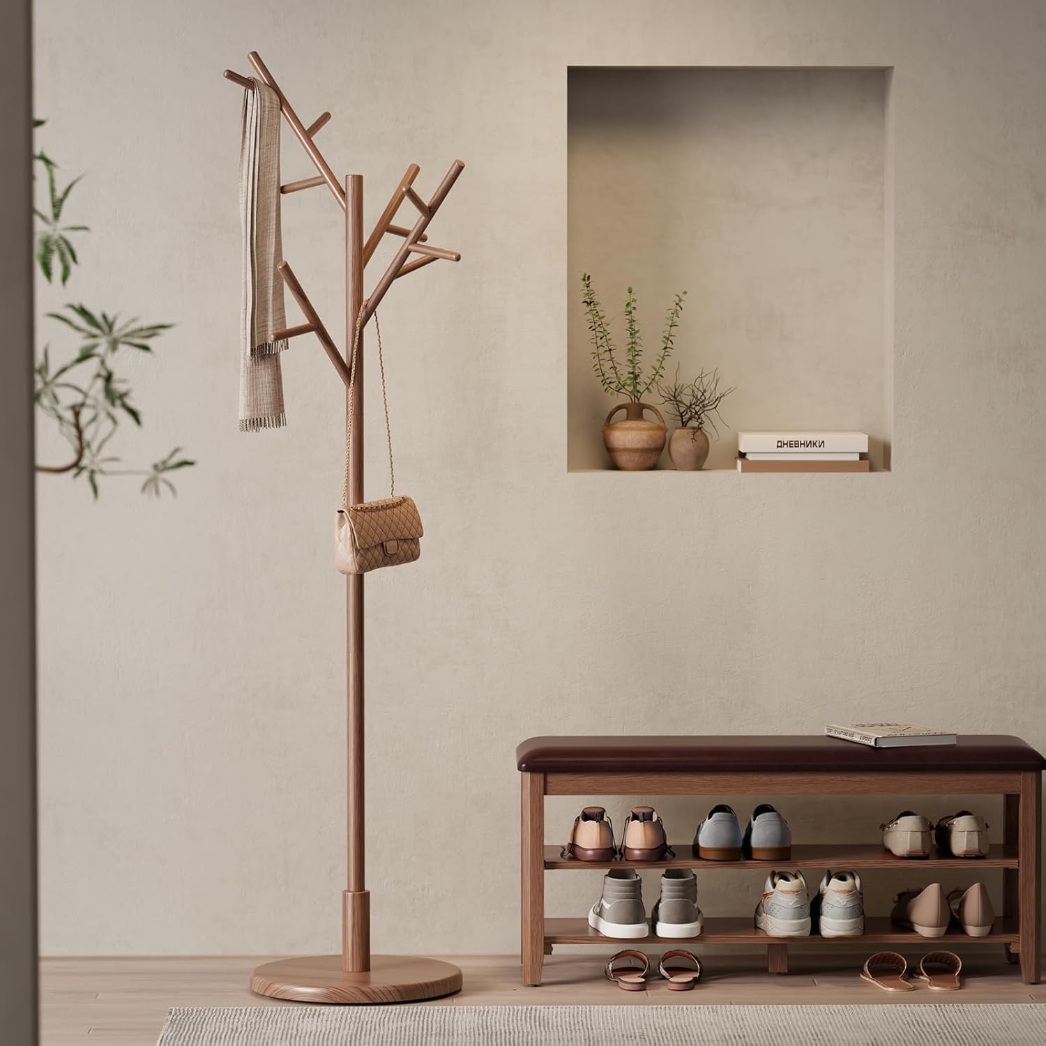Muwuele Coat Rack, Solid Wood Coat Rack Freestanding With 12 Hooks, Coat Tree Freestanding Heavy Duty 3 Adjustable Heights For Coat, Hats, Handbags, Coat Hanger Stand For Entryway, Bedroom, Walnut