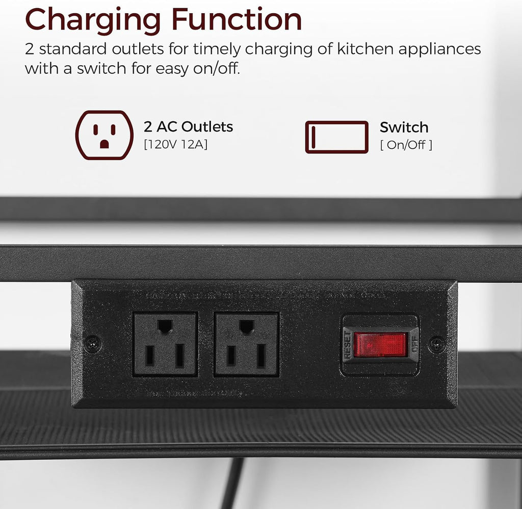 MAHANCRIS Bakers Rack with Power Outlet, Microwave Stand with Hooks, Multifunctional Storage Rack, Coffee Bar with Enclosure, Kitchen Storage Shelf, for Kitchen, Dining Room, Rustic Brown BRHR40E01N1