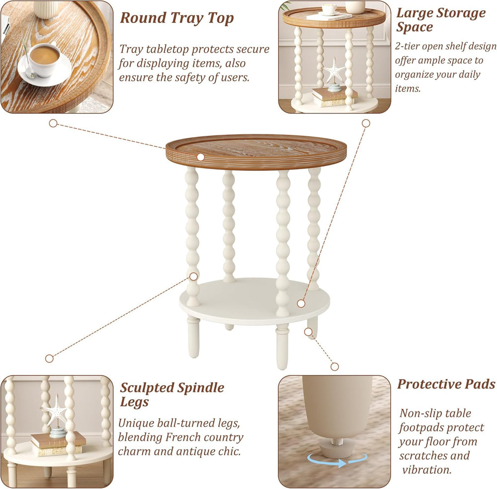 Function Home Round End Table, Farmhouse Side Table with Storage Shelf, 2 Tie...