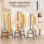 EAGMAK Heavy Duty Clothes Rack Load 556 LBS, Rolling Clothing Rack With Shelves, Height Adjustable Metal Clothes Hanger with Wheels Portable Wardrobe Organizer Garment Rod for Hanging Clothes (Black)