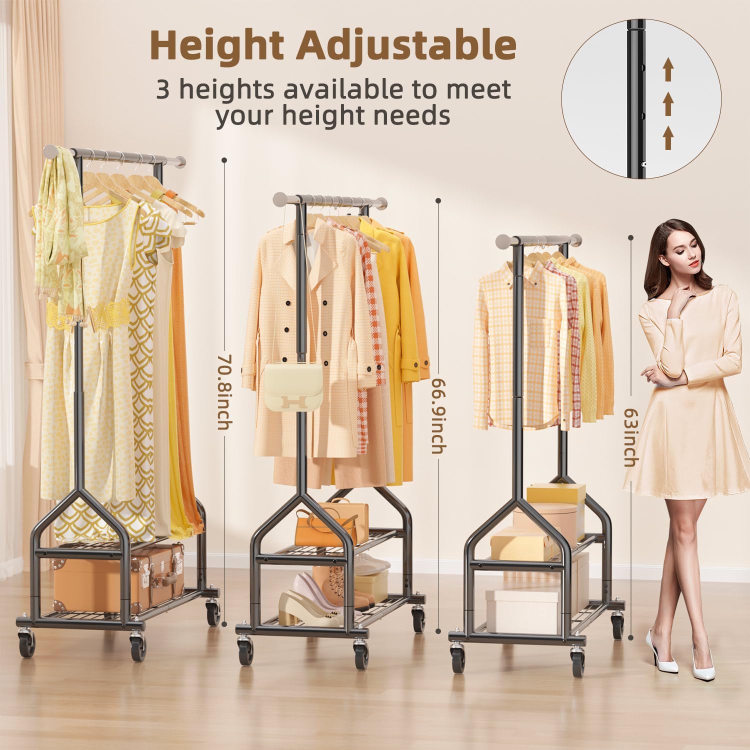EAGMAK Heavy Duty Clothes Rack Load 556 LBS, Rolling Clothing Rack With Shelves, Height Adjustable Metal Clothes Hanger with Wheels Portable Wardrobe Organizer Garment Rod for Hanging Clothes (Black)