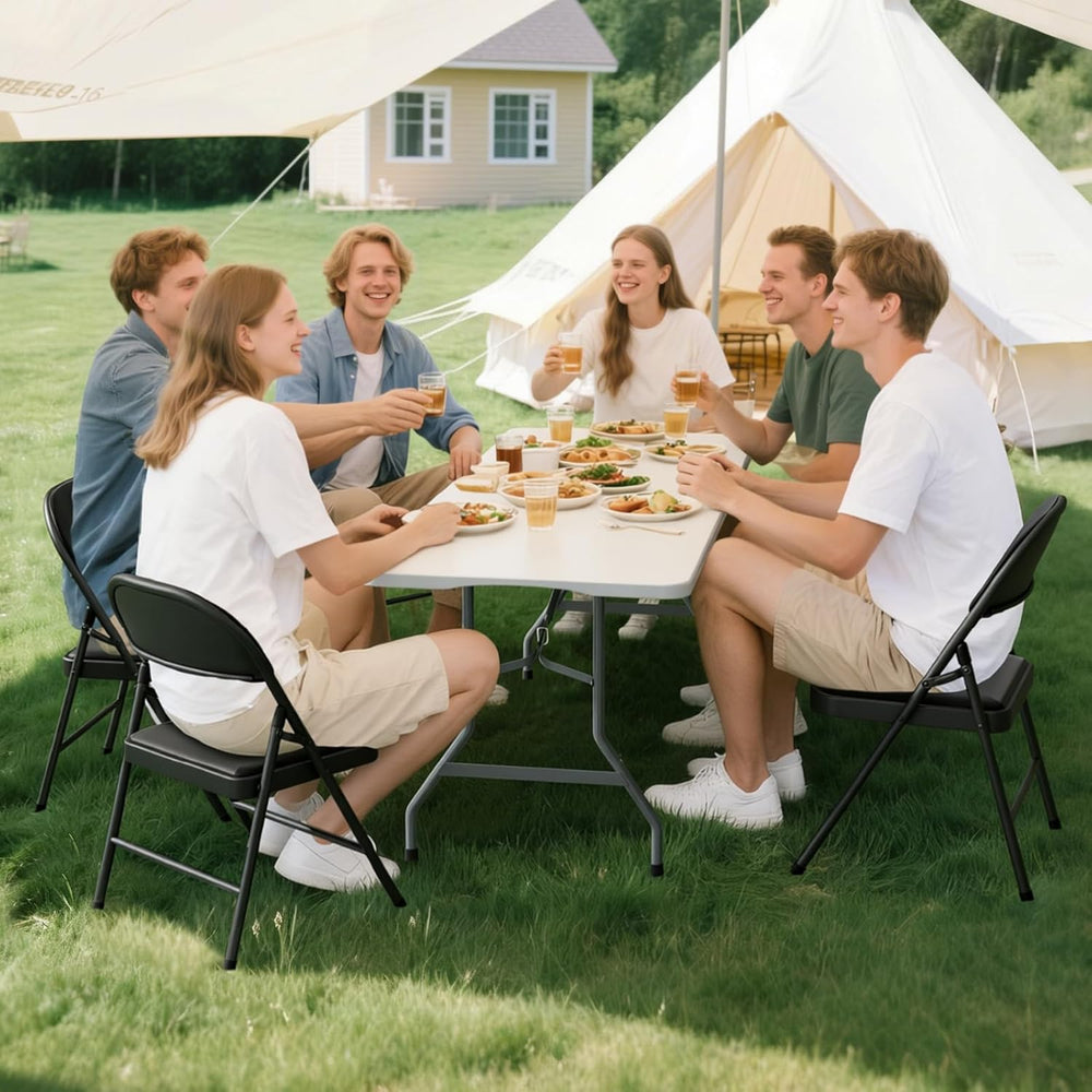 6FT White Plastic Folding Table Set with 6 Black PU Padded Chairs | Portable ...