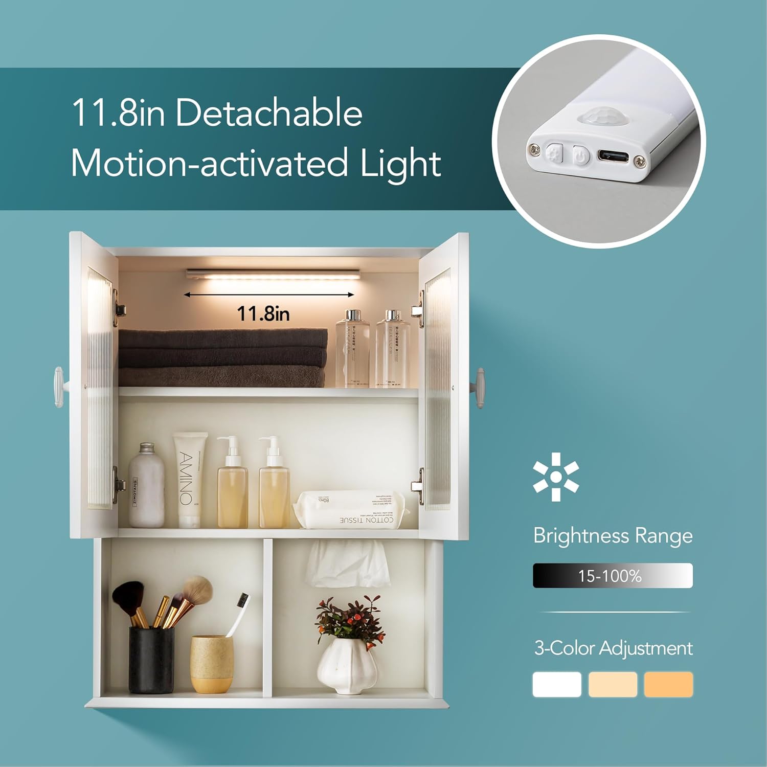Bathroom Wall Cabinet with Lighting & Tissue Hole, Wall Mounted Glass Door Medicine Cabinet Over Toilet Storage for Laundry Room Kitchen