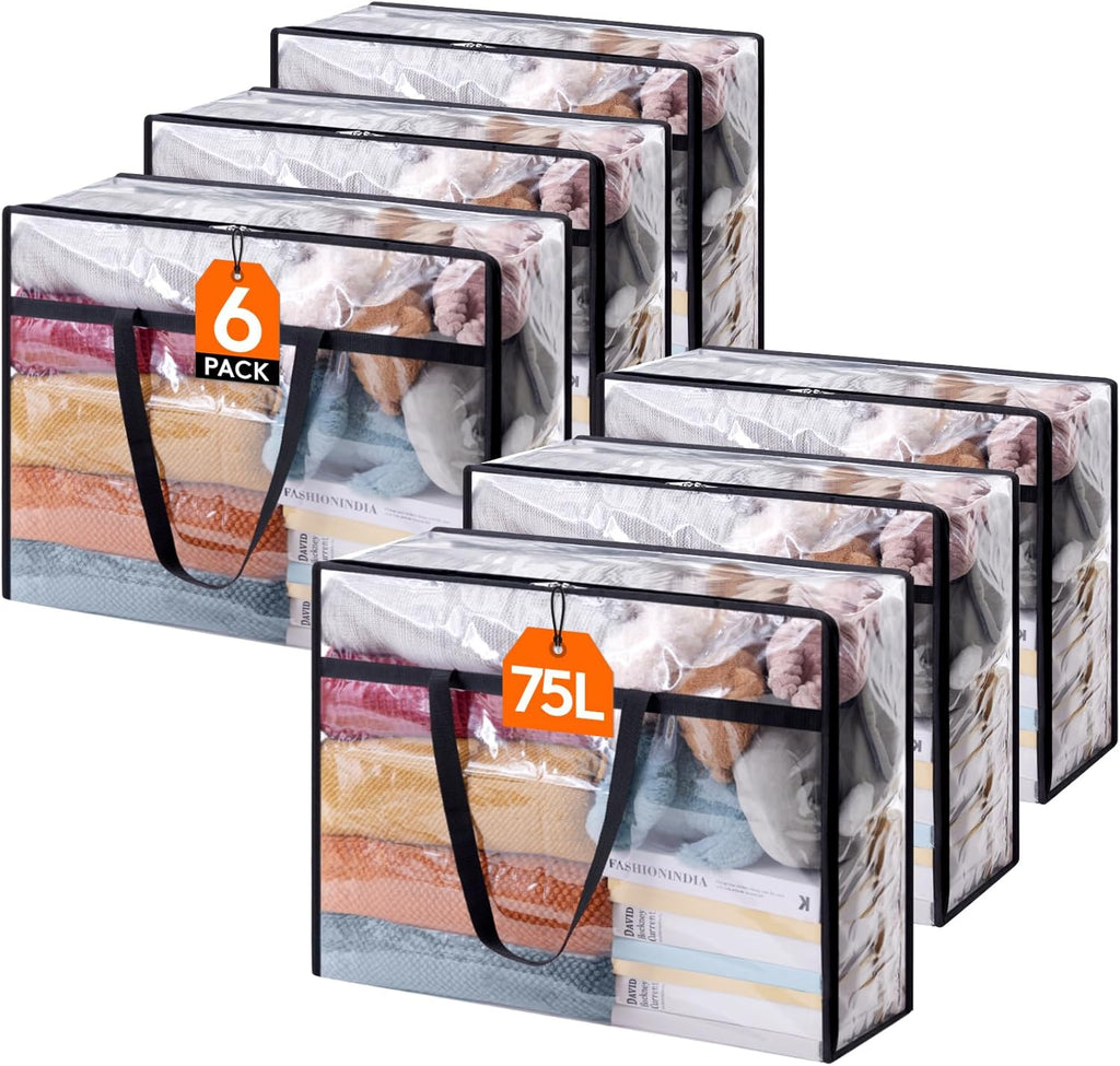 Lifewit 6 Pack Clear Clothes Storage Bags, 75L Large Plastic Blanket Storage, Vinyl Foldable Moving Bags with Zipper, Closet Organizers Containers for Comforter, Bedding, Duvet, Pillow