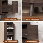 Tall Nightstand with Charging Station, Narrow Side Table with Bookshelf, 47" Tall Free Standing Wooden Night Stand with 2 Drawers and 4 Open-Shelves, Modern End Bedside Table for Bedroom, Brown