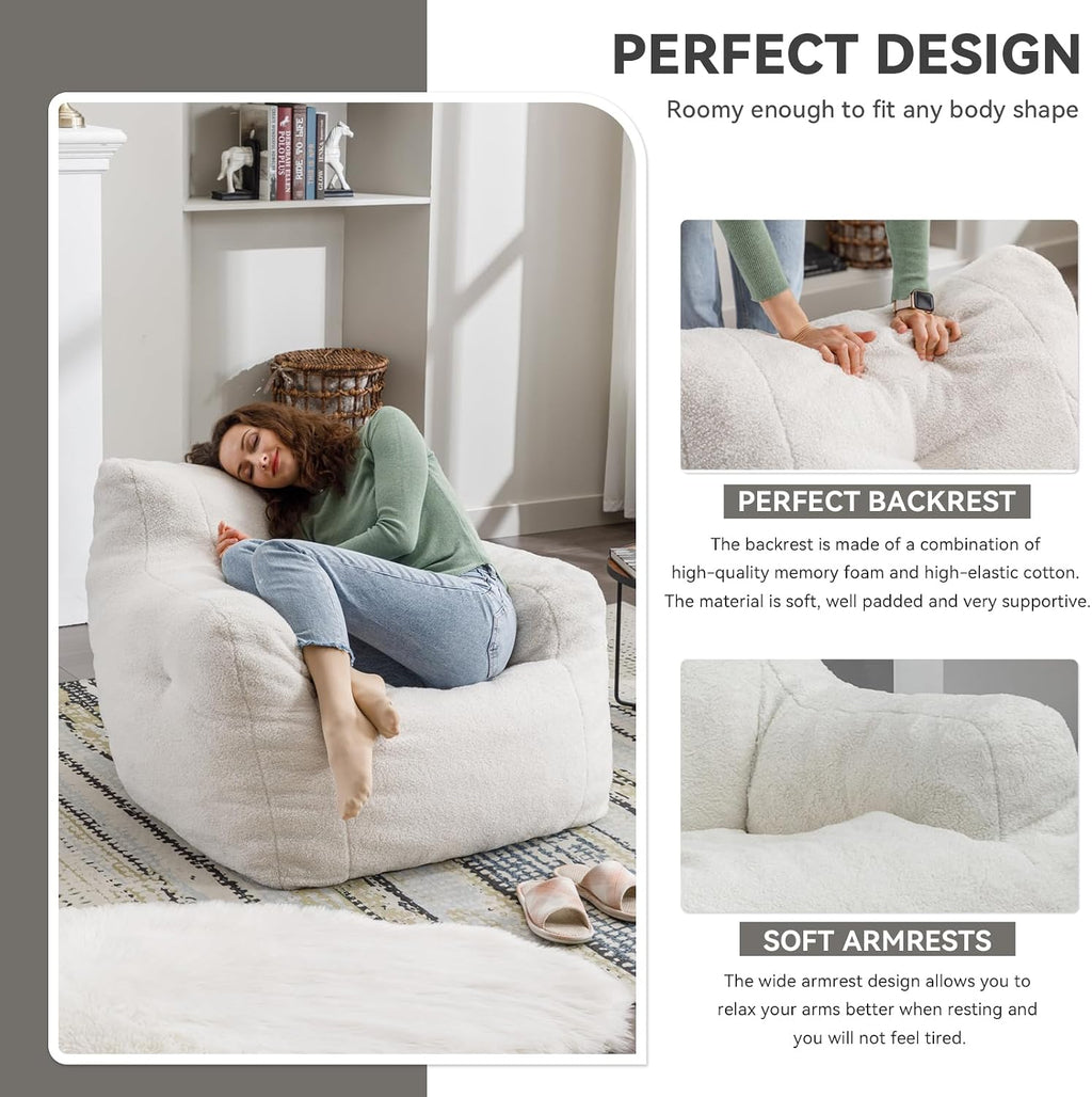 FOXHUNTER Bean Bag Chair with Memory Foam Filling for Adults Ivory | No Assembly Required, Memory Sponge in Small Pieces Filled, Lazy Foam Chair for Bedroom,Living Room