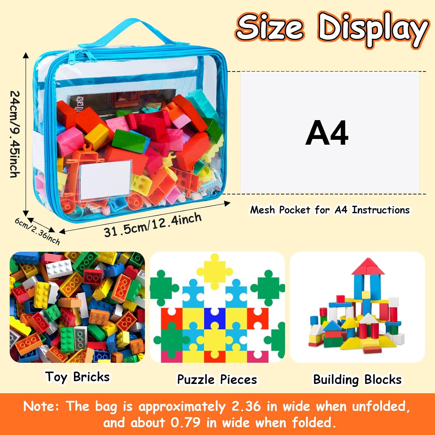 4 Pack Toy Storage Organizer Bag for Lego Bricks, Clear PVC Zippered Blocks Set with Manual Pocket& Name Tag, Waterproof Toy Carrying Case for Board Games& Building Blocks (Large, Colorful)