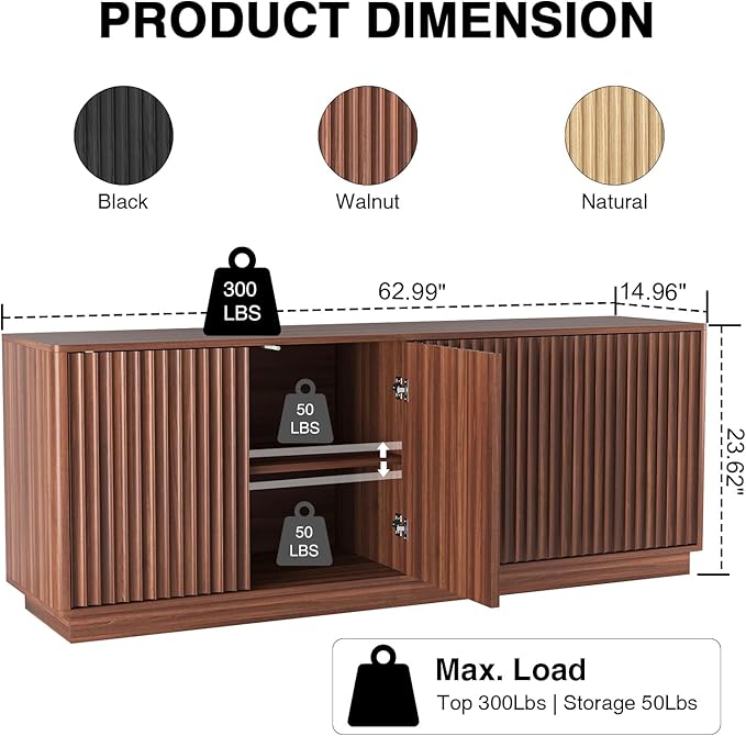 63'' Fluted TV Stand for TVs up to 75'', Modern Long Media Console with Storage Cabinets & Adjustable Shelves,Entertainment Center for Living Room Bedroom (Walnut)