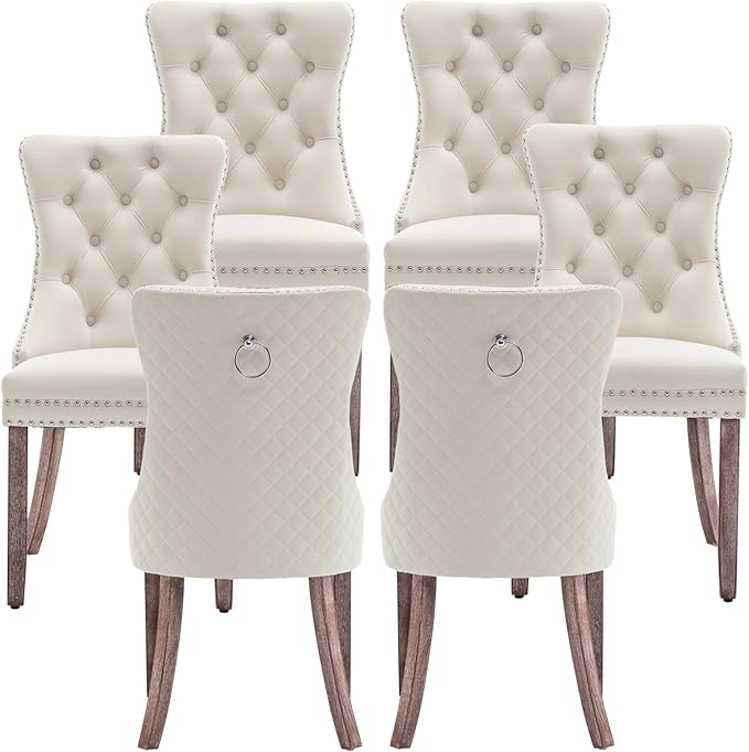 Velvet Dining Chairs Set of 6, Upholstered Dining Room Chairs with Nailhead Trim, Sillas de Comedor Modernas 6, Wooden Kitchen Chairs for Dining Room, Living Room, Kitchen, Bedroom, Beige