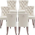 Velvet Dining Chairs Set of 6, Upholstered Dining Room Chairs with Nailhead Trim, Sillas de Comedor Modernas 6, Wooden Kitchen Chairs for Dining Room, Living Room, Kitchen, Bedroom, Beige