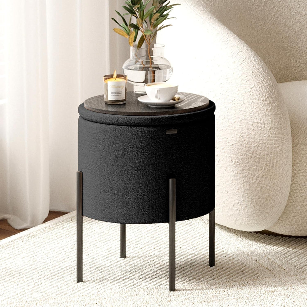 Round Ottoman with Storage, Boucle Storage Foot Stool, Makeup Vanity Stool, S...