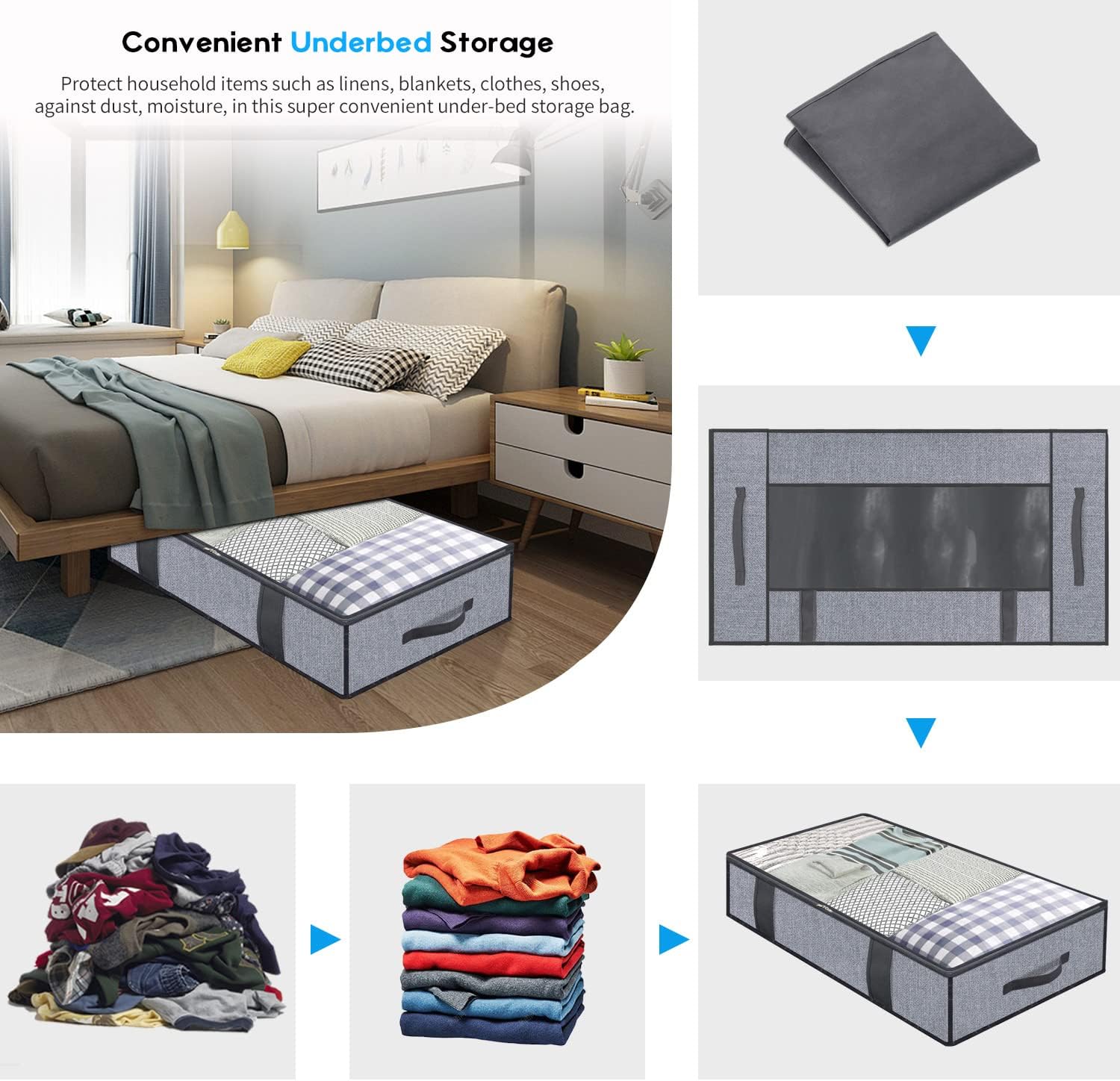 Onlyeasy Foldable Underbed Bags 2 Pack - Blankets Clothes Comforters Storage Bag Breathable Zippered Organizer for Bedroom with Clear Window and 4 Handles, 39.4x19.7x5.9 in, Linen-like Grey, MXDUBBP2