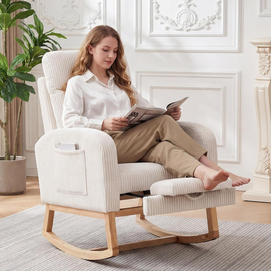 GarveeLife Nursery Rocking Chair,300lb Glider Chair with Solid Wood Legs/Two Side Pockets,Corduroy Upholstered Glider Rocker with Footrest High Backrest for Living Room/Bedroom/Nursery