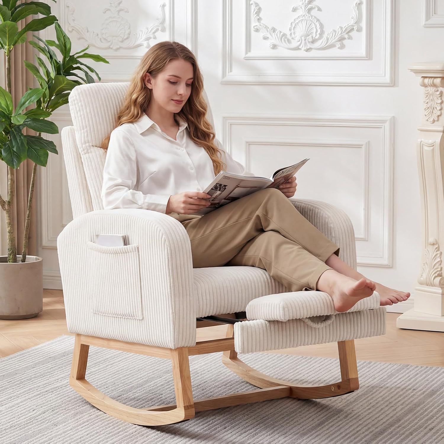 GarveeLife Nursery Rocking Chair,300lb Glider Chair with Solid Wood Legs/Two Side Pockets,Corduroy Upholstered Glider Rocker with Footrest High Backrest for Living Room/Bedroom/Nursery