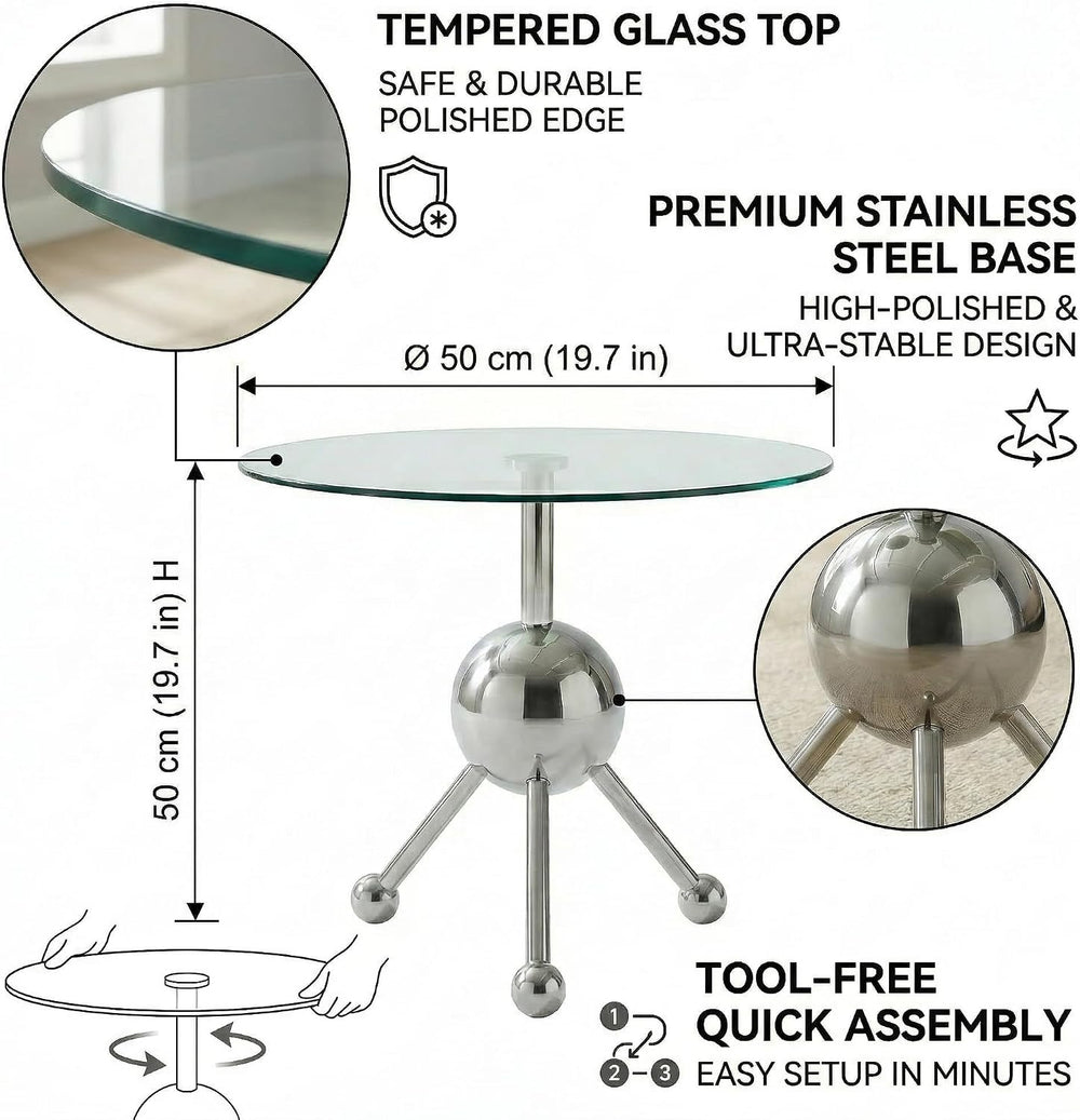 FT Global 19.7-Inch Round Glass End Table, Stainless Steel Sphere Tripod Base...