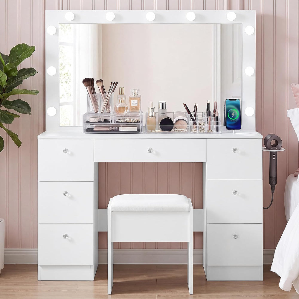 SweetGO 46" LED Lighted Makeup Vanity Desk, 7 Smooth-Glide Drawers, USB ...