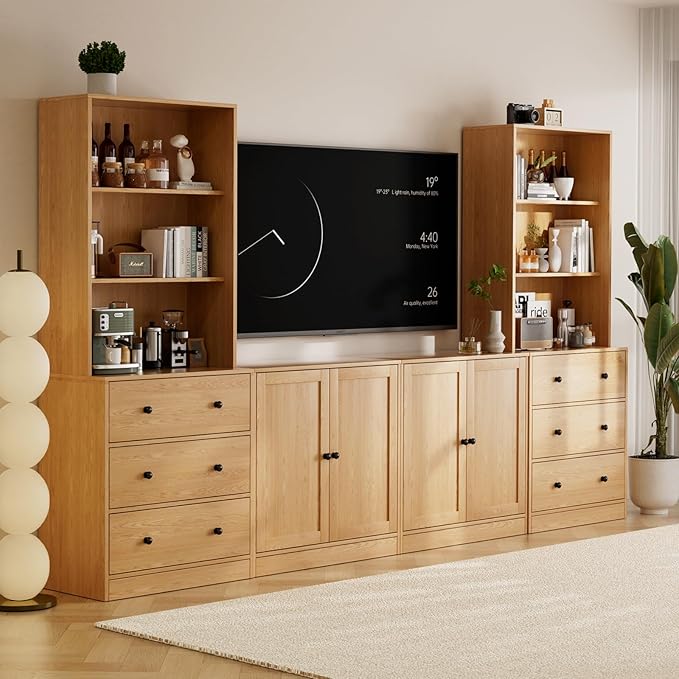 TUSY 71" Large TV Stand Set - TV Entertainment Center for TVs up to 65", Media Center with Tempered Glass Doors and Drawer, TV Hutch with Bookshelves for Living Room (Wood, BCCB)