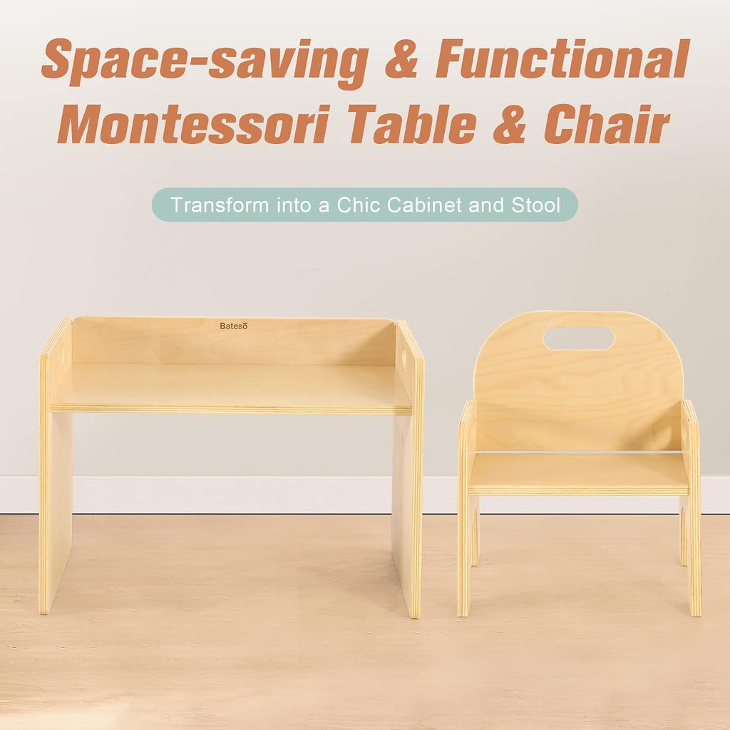 Bateso Montessori Weaning Table and Chair Set for Toddler 1-3, Wooden Baby Table and Chair Set for Eating, Laerning & Playing, Montessori Kids Furniture for Home or Preschool