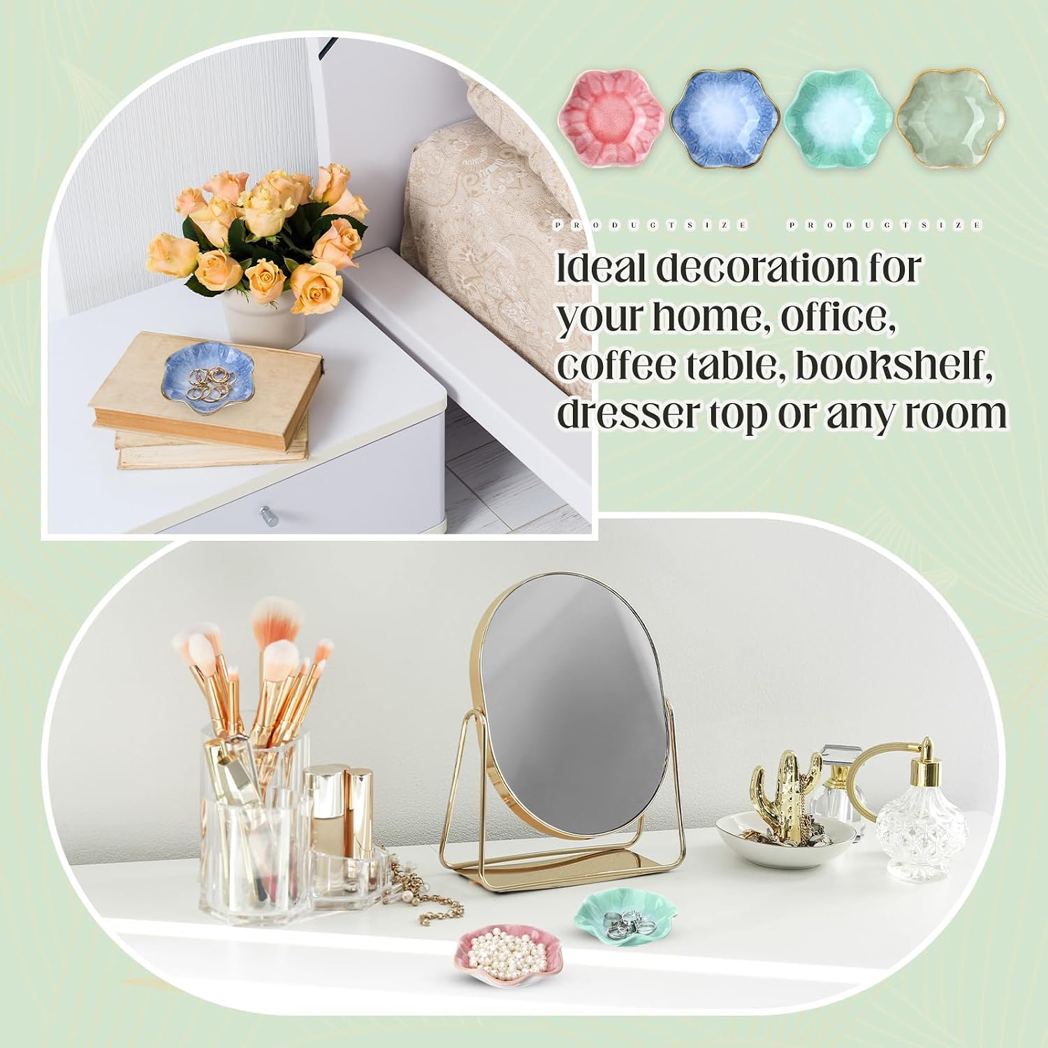 4 Pack Small Jewelry Dish Ceramic Trinket Holder Tray for Rings Earrings Key Bowl Women Mother's Day Wedding Gift (Pink,Blue,Cyan,Green)
