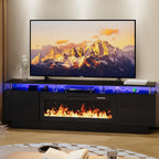 70" Fireplace TV Stand for TVs up to 80 Inches with 36'' Electric Fireplace & Remote, Modern Entertainment Center with LED Light,Woodeen TV Console for Living Room, 8 Acrylic Posts, Black