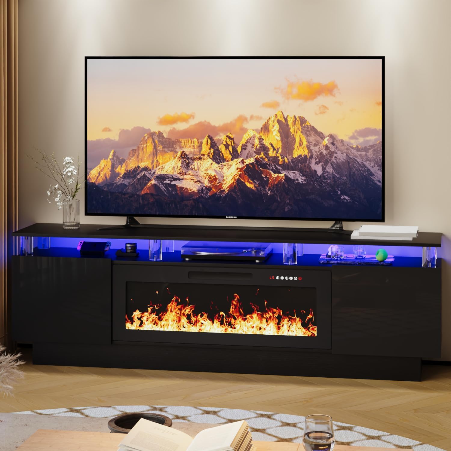 70" Fireplace TV Stand for TVs up to 80 Inches with 36'' Electric Fireplace & Remote, Modern Entertainment Center with LED Light,Woodeen TV Console for Living Room, 8 Acrylic Posts, Black