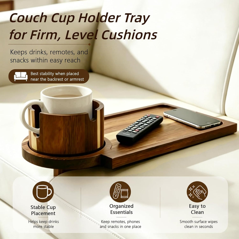 Solid Acacia Wood Couch Cup Holder Tray for Sofa Gap, 3-in-1 Couch Caddy with...