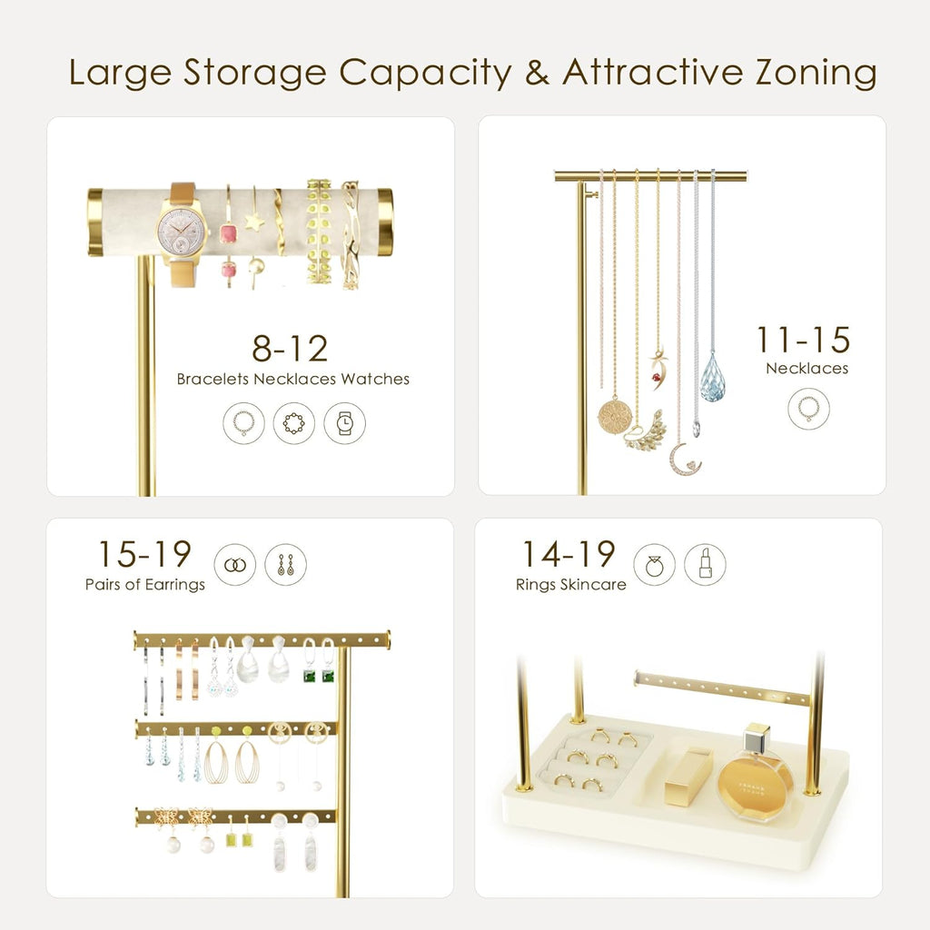 SZQINJI 5 Tier Jewelry Holder Organizer, Gold Jewelry Stand with Velvet Bracelet Holder, Adjustable Height Jewelry Display for Necklaces, Bracelets, Earrings, Rings, Gift Idea for Women, Beige