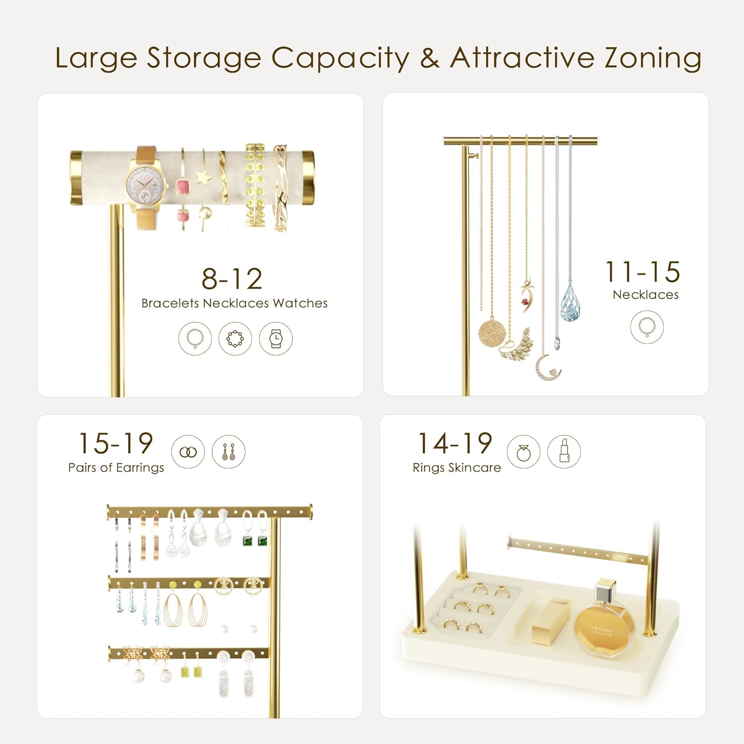 SZQINJI 5 Tier Jewelry Holder Organizer, Gold Jewelry Stand with Velvet Bracelet Holder, Adjustable Height Jewelry Display for Necklaces, Bracelets, Earrings, Rings, Gift Idea for Women, Beige