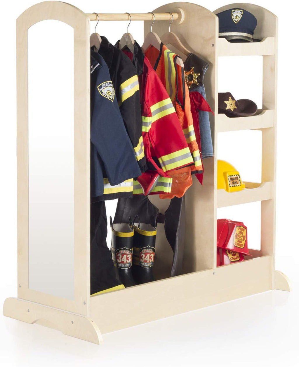 Guidecraft See and Store Dress-up Center – Natural: Armoire for Kids with Mirror & Shelves, Clothes Rack and Shoe Storage Dresser with Bottom Tray - Toddlers Room Furniture