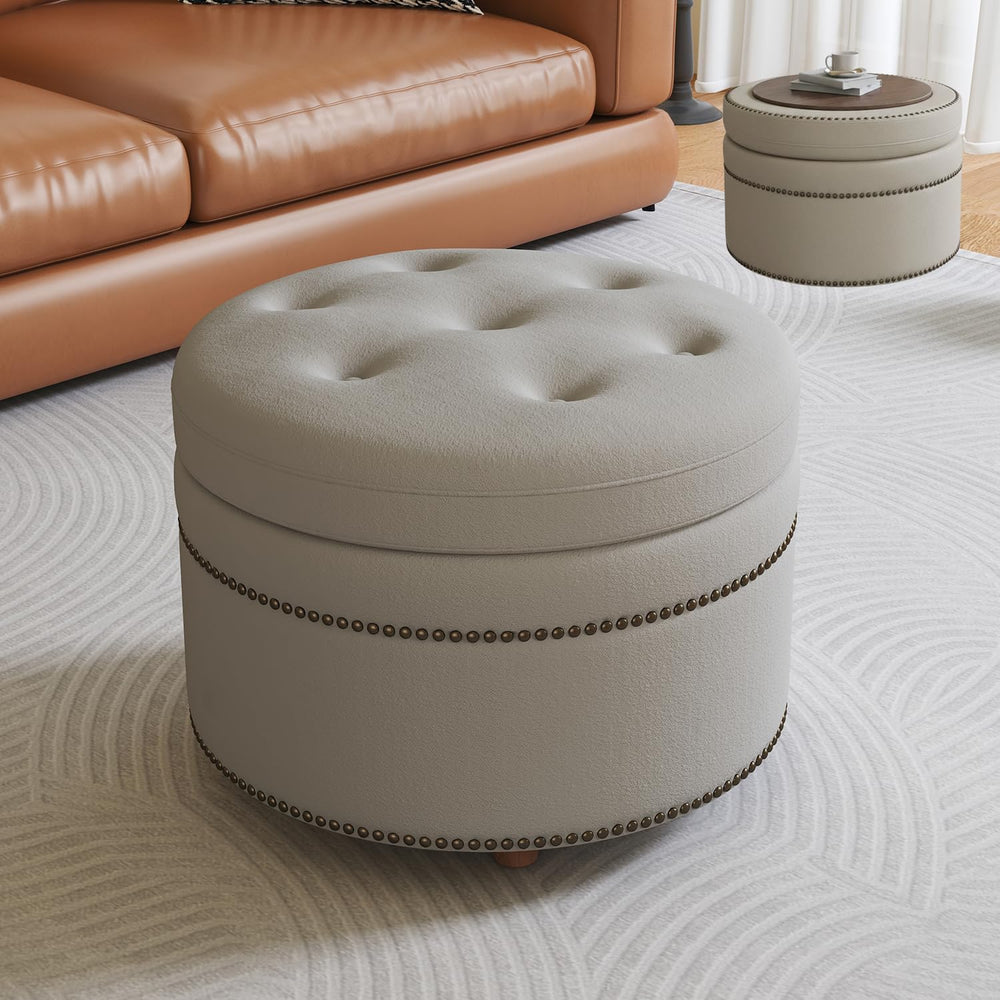 24'' Dual-Surface Lid Round Ottoman – Accent Ottoman with Storage Com...