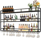 Wall Mounted Wine Rack, Wine Rack Wall Mounted with Wine Glass Rack, Metal Bar Bottle Display Shelf Wine Cups Hanging Holder, for Home Bar Cafe Dining Room Decoration (BLACK, 47.2*10*35.5IN)