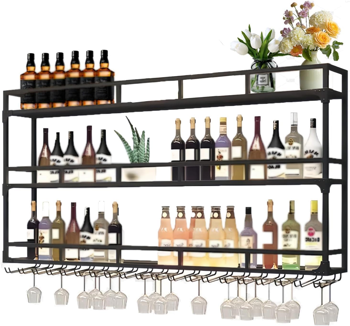 Wall Mounted Wine Rack, Wine Rack Wall Mounted with Wine Glass Rack, Metal Bar Bottle Display Shelf Wine Cups Hanging Holder, for Home Bar Cafe Dining Room Decoration (BLACK, 47.2*10*35.5IN)