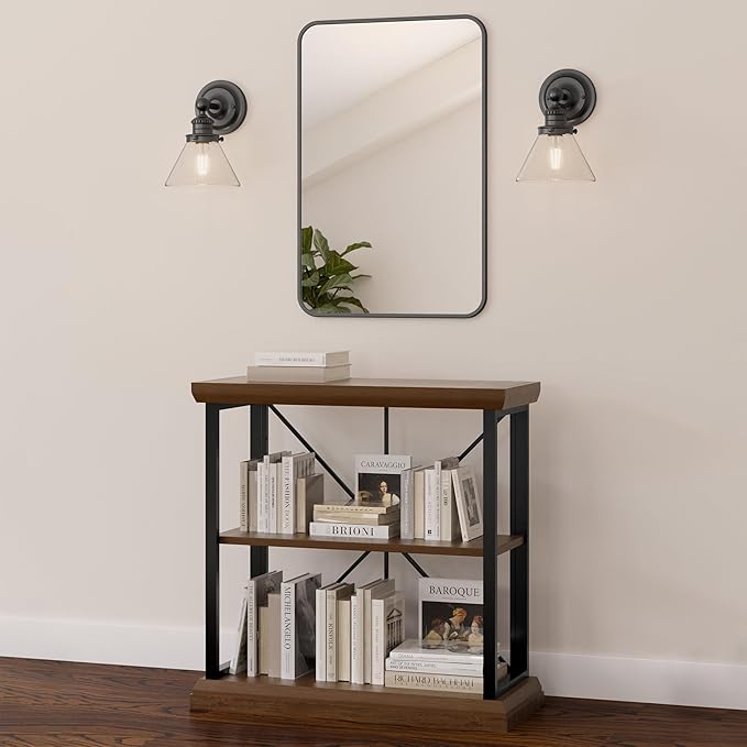 Leick Home Finnick Mixed Metal Bookshelf, Wood, Gray Steel, 2 Shelves, Easy Assembly, Freestanding Bookcase for Living Room or Office, Industrial Design, 32 in W x 30 in H x 12 in D, Item 11832-WLGM