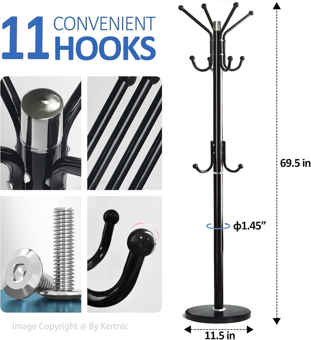 Kertnic Modern Coat Rack Freestanding with Natural Marble Base & Sturdy Metal Frame, 11 Hooks Hall Tree for Jackets, Hats, Bags, Entryway Organizer for Bedroom, Living Room, Closet (11 hooks-Black)