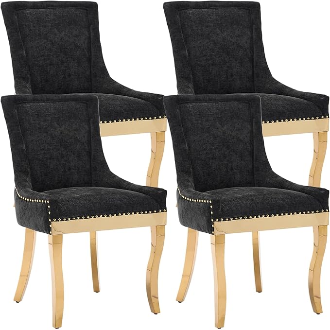 Upholstered Dining Chairs Set of 4, Modern Fabric Side Chairs with Gold Stainless Steel Legs, Accent Kitchen Chairs for Dining Room Table, Black