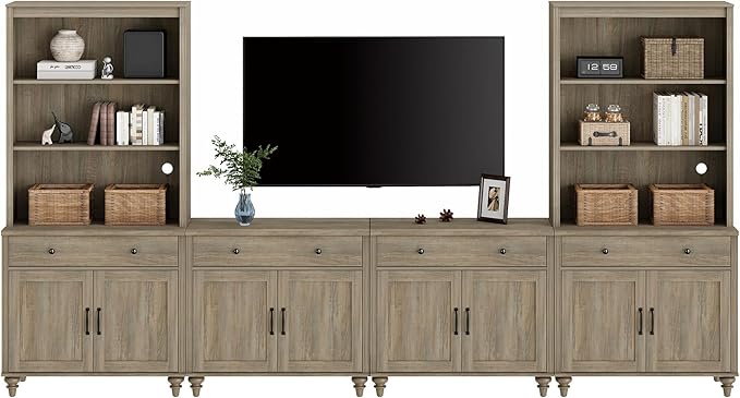 WAMPAT Entertainment Center with Bookshelves for TVs up to 75", Farmhouse Wall Unit TV Stand with 8 Doors & 4 Drawer, Media Console Table for Living Room, Bedroom & Home Theater, Wash Grey