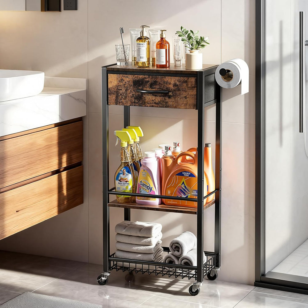 Lewondr 3-Tier Slim Storage Cart with Drawer, Rolling Utility Cart, Black | H...