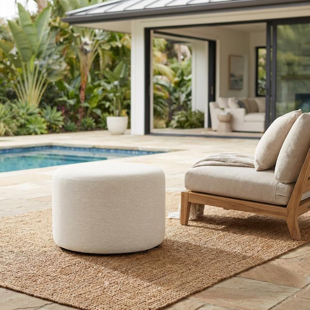 White Woven Heathered Fabric Ottoman, 23-Inch Round, Comfortable Outdoor Loun...