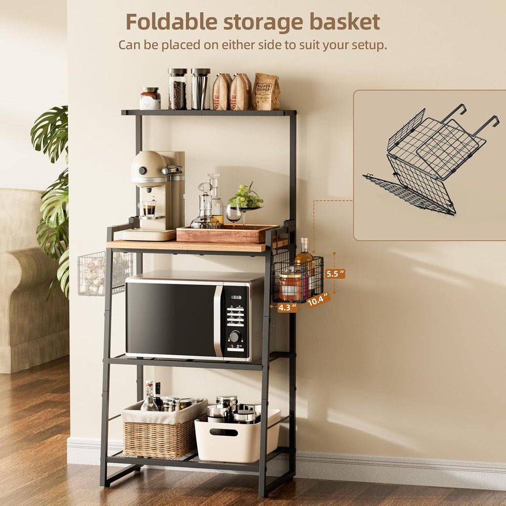 Bakers Rack with Foldable Basket, Large 4 Tiers Coffee Bar Station, Kitchen Microwave Stand with Storage, Metal Shelf Rack for Living Room, Office, Garage (Rustic Brown)