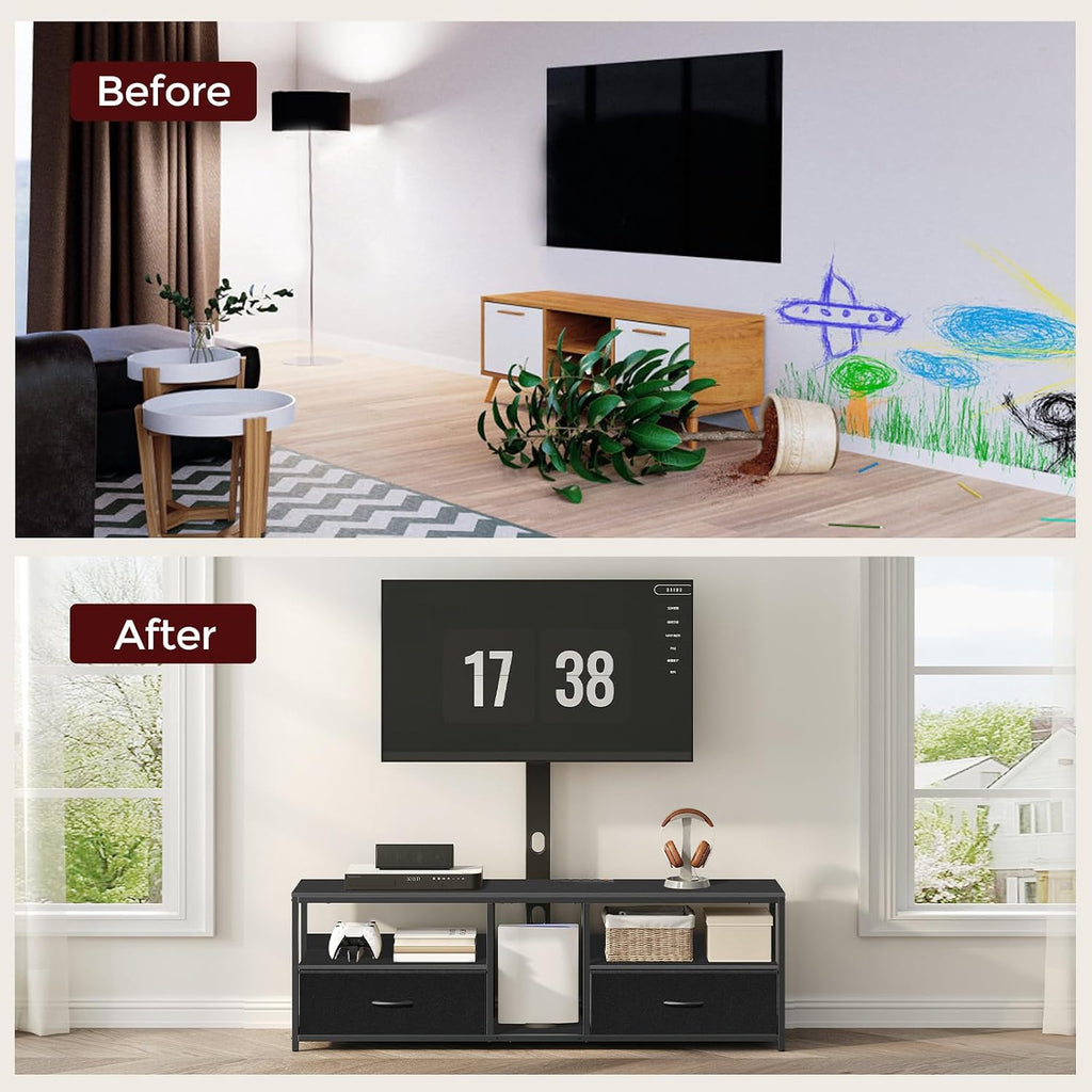 MAHANCRIS TV Stand with Mount for up to 75", Entertainment Center with Switch-Controlled Charging Station, Swivel TV Stand Mount with Fabric Drawers, for Living Room, Black TVBK154E01N2