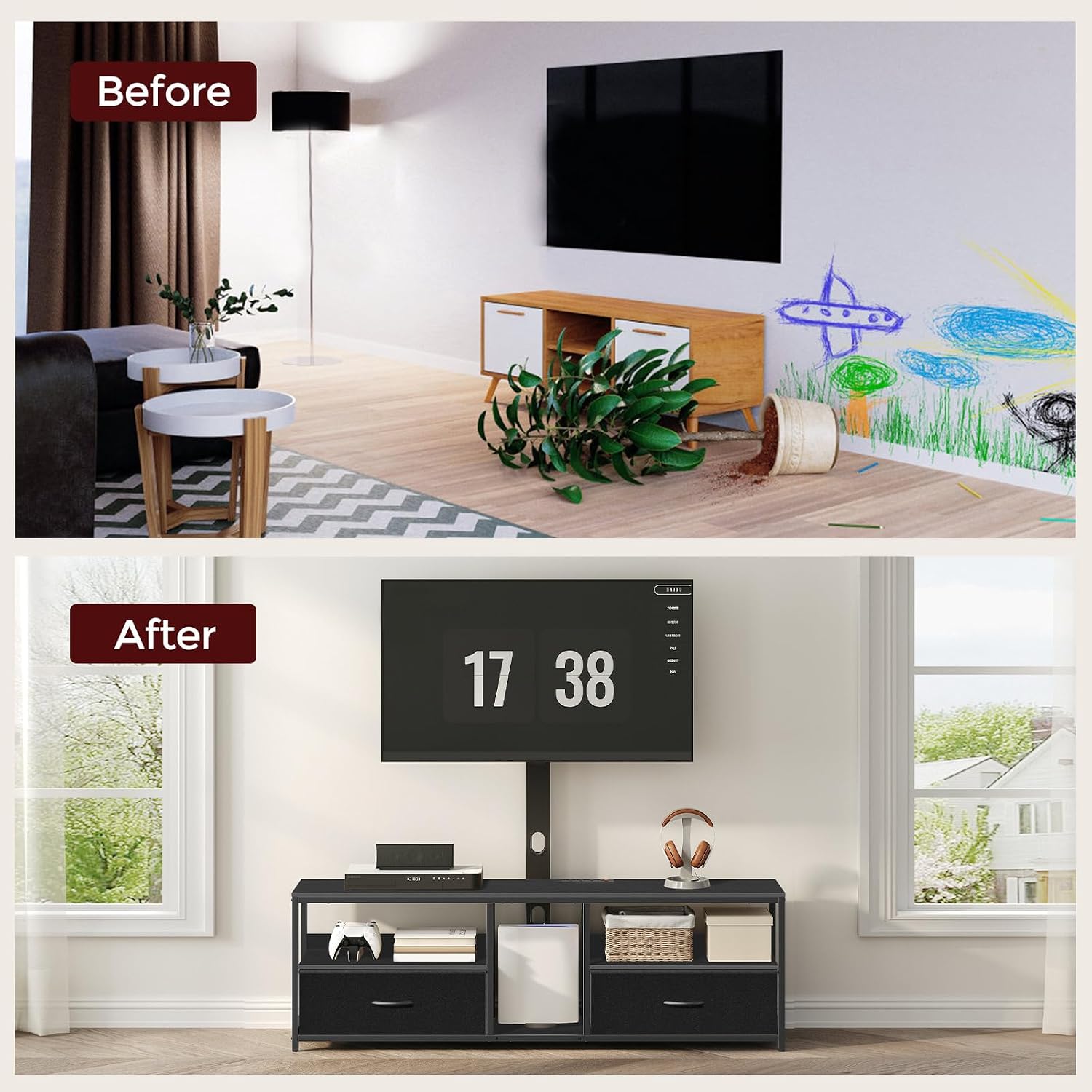 MAHANCRIS TV Stand with Mount for up to 75", Entertainment Center with Switch-Controlled Charging Station, Swivel TV Stand Mount with Fabric Drawers, for Living Room, Black TVBK154E01N2