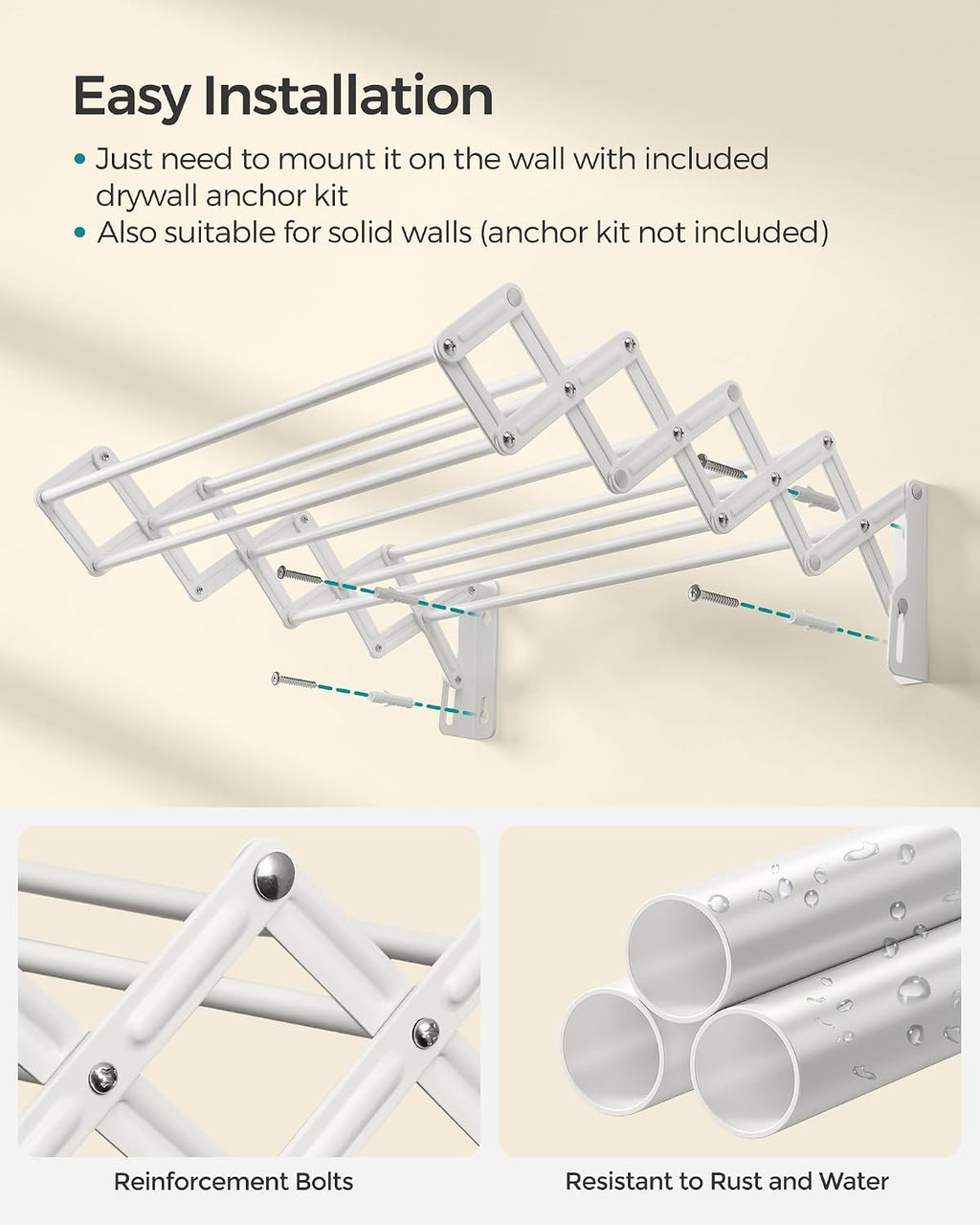 SONGMICS Clothes Drying Rack, Wall-Mounted Drying Rack Clothing, Small Accordion Laundry Rack, 9 Staggered Hanging Rods, Expandable and Retractable, Cloud White ULLR802W01