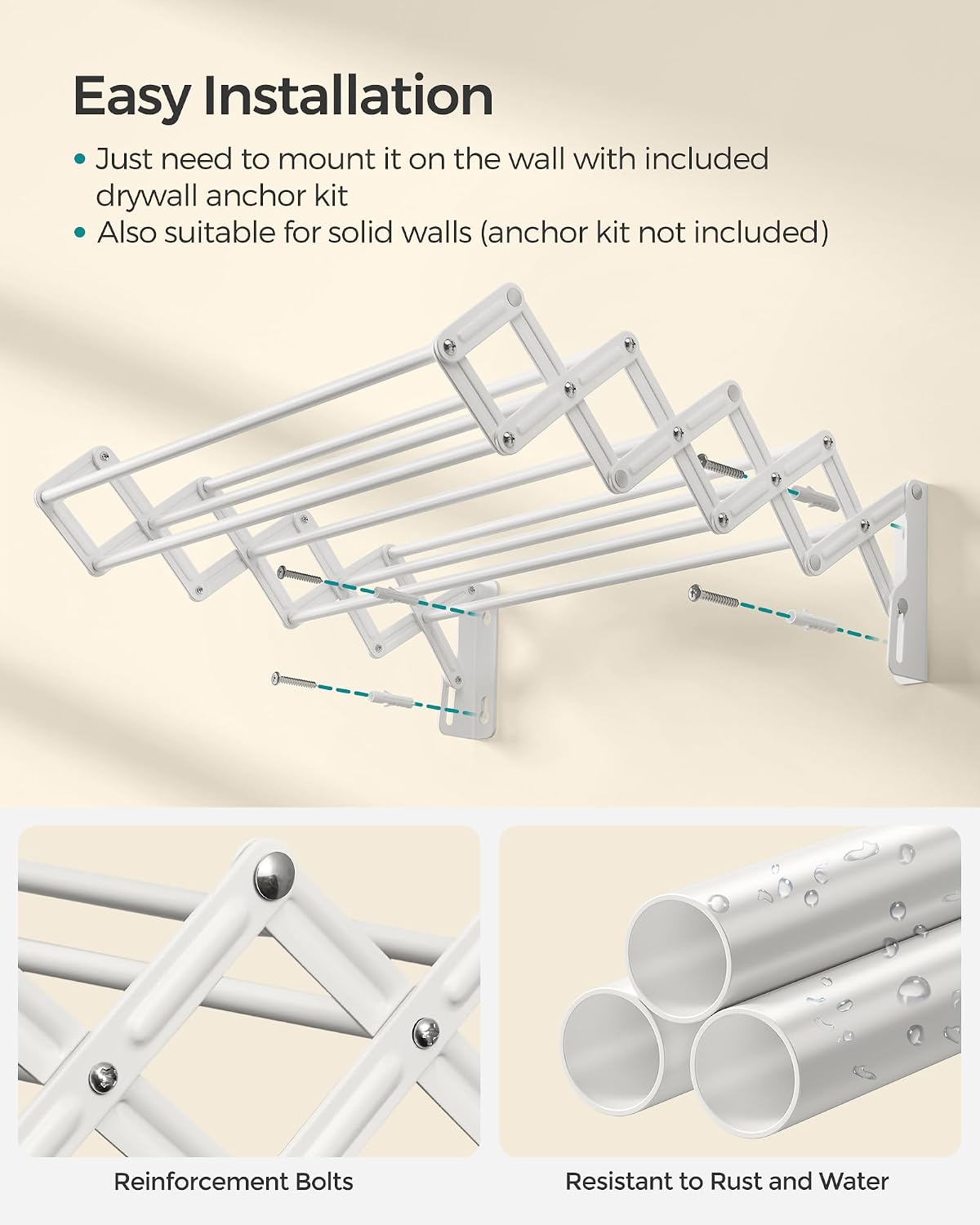 SONGMICS Clothes Drying Rack, Wall-Mounted Drying Rack Clothing, Small Accordion Laundry Rack, 9 Staggered Hanging Rods, Expandable and Retractable, Cloud White ULLR802W01