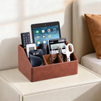 PU Leather Desk Organizer, Luxury Remote Control Holder for Home, Office Desk Accessories Table Caddy Bedside Nightstand Organizer (Brown)