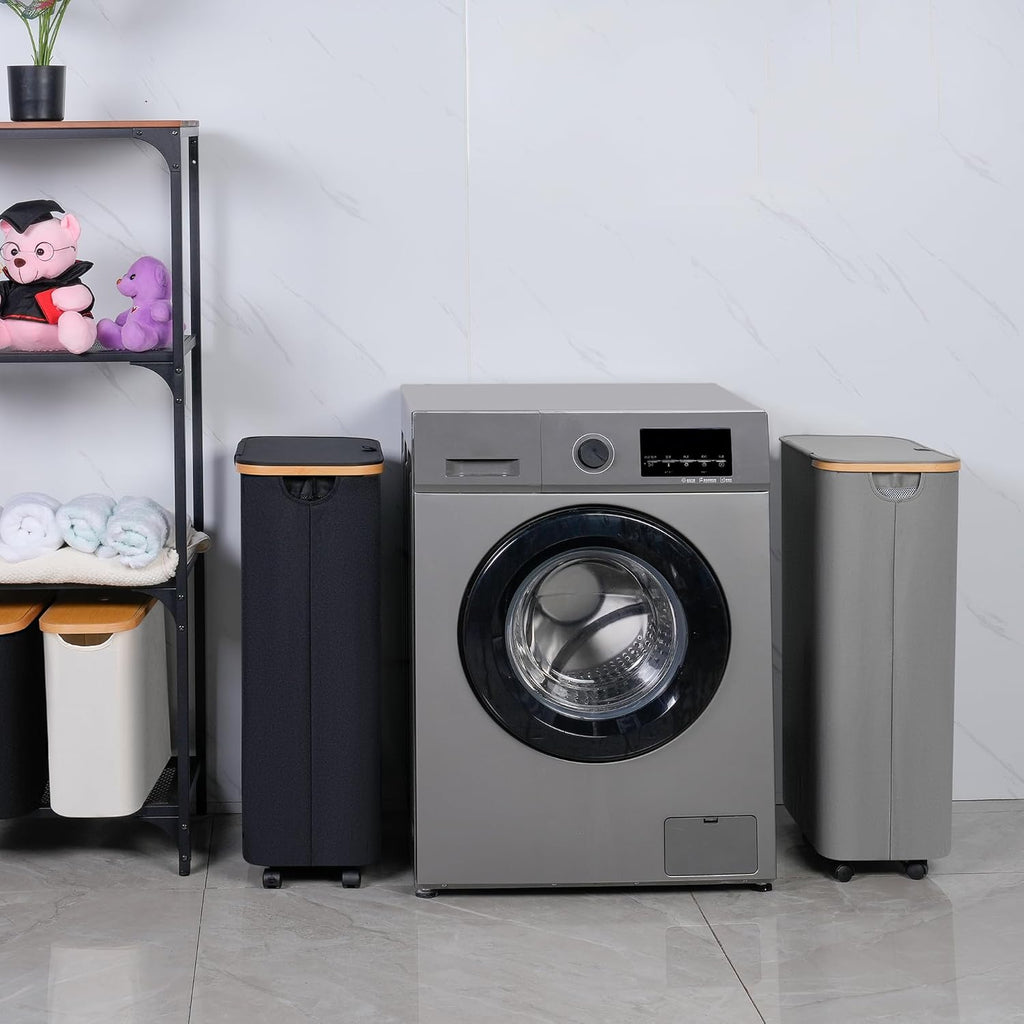 75L Slim Laundry Hamper with Wheels,Clothes Hamper for Laundry,Laundry Basket with Lid & Inner Bag,for Laundry Room, Bedroom, Dormitory Organization,Grey