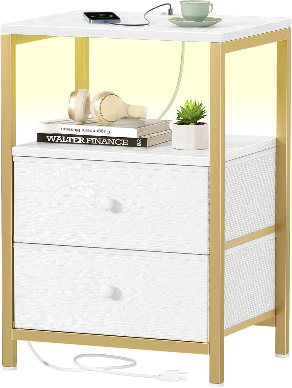 BOLUO Gold Nightstand with Charging Station, LED Night Stand with 2 Fabric Dr...