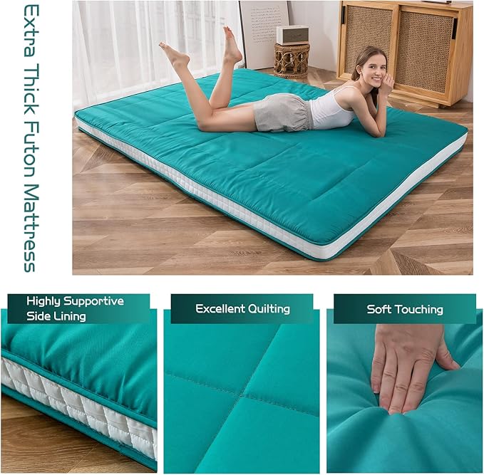 MAXYOYO Futon Mattress, Padded Japanese Floor Mattress Quilted Bed Mattress Topper, Extra Thick Folding Sleeping Pad Breathable Floor Lounger Guest Bed for Camping Couch, Turquoise, Full