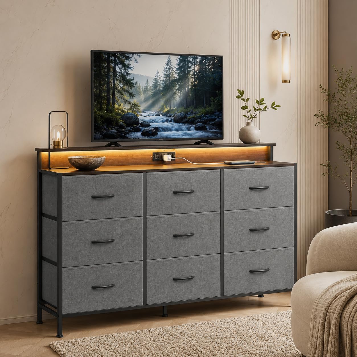 WLIVE Grey Dresser TV Stand for 45, 50, 55 inch TV, Entertainment Center with LED Lights & Charging Station, TV Media Console Table with 9 Fabric Drawers and Open Shelves for Living Room, Dark Grey